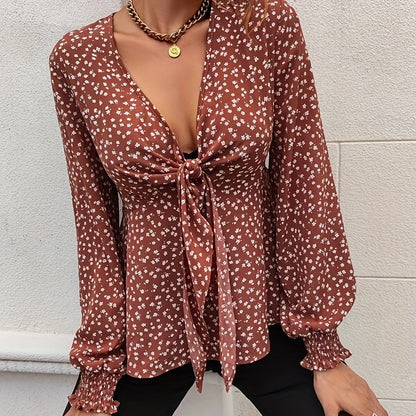 Floral Print Tie Front Blouse, Casual Long Sleeve Blouse For Spring & Fall, Women's Clothing