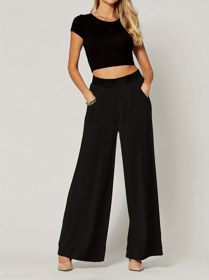 Plus Size Casual Pants, Women's Plus Solid Elastic High Rise Medium Stretch Wide Leg Trousers With Pockets