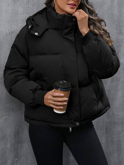 Solid Zipper Hooded Coat, Casual Solid Long Sleeve Winter Warm Outerwear, Women's Clothing