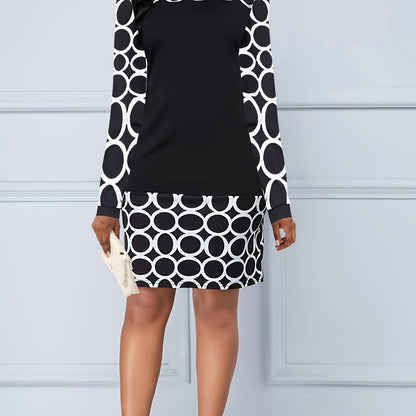 Geo Print Long Sleeve Dress, Elegant Boat Neck Mini Dress, Women's Clothing