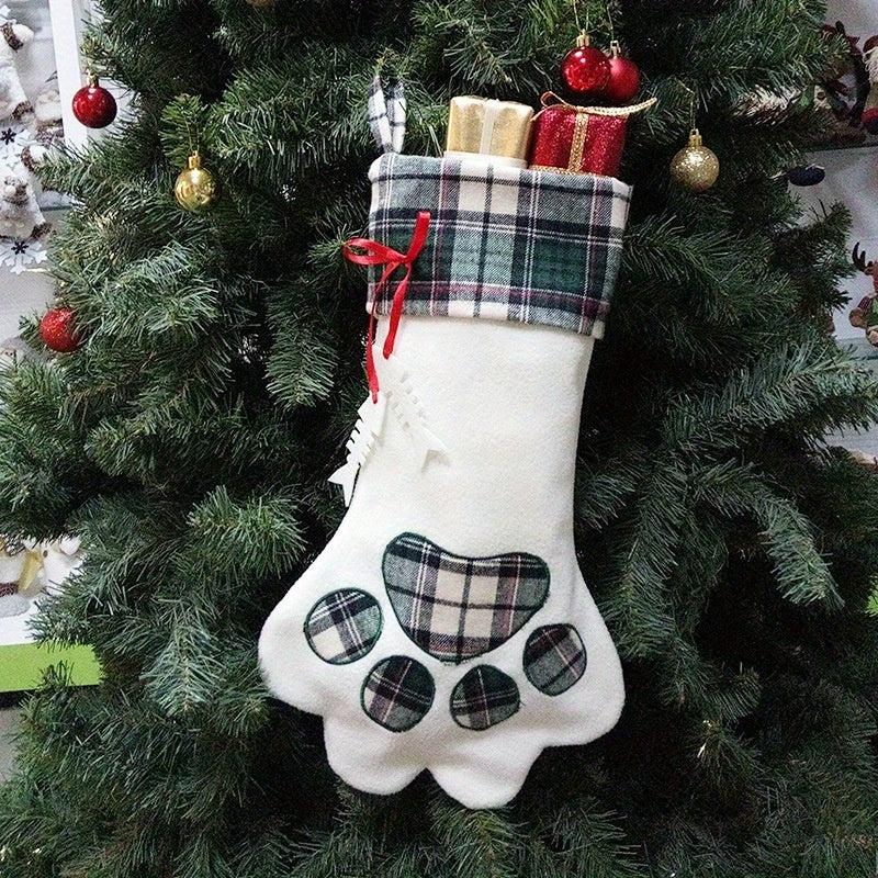 1pc Adorable Christmas Gingham Goody Bag Pet Stocking - Hanging Dog Paw Decorations for Christmas Tree - Cute Holiday Gift Idea for Pets