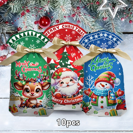 10pcs Christmas Drawstring Gift Bags, Festive Cartoon Reindeer, Santa, Snowman Designs, Plastic Party Favor Pouches with Ribbons for Holiday Presents