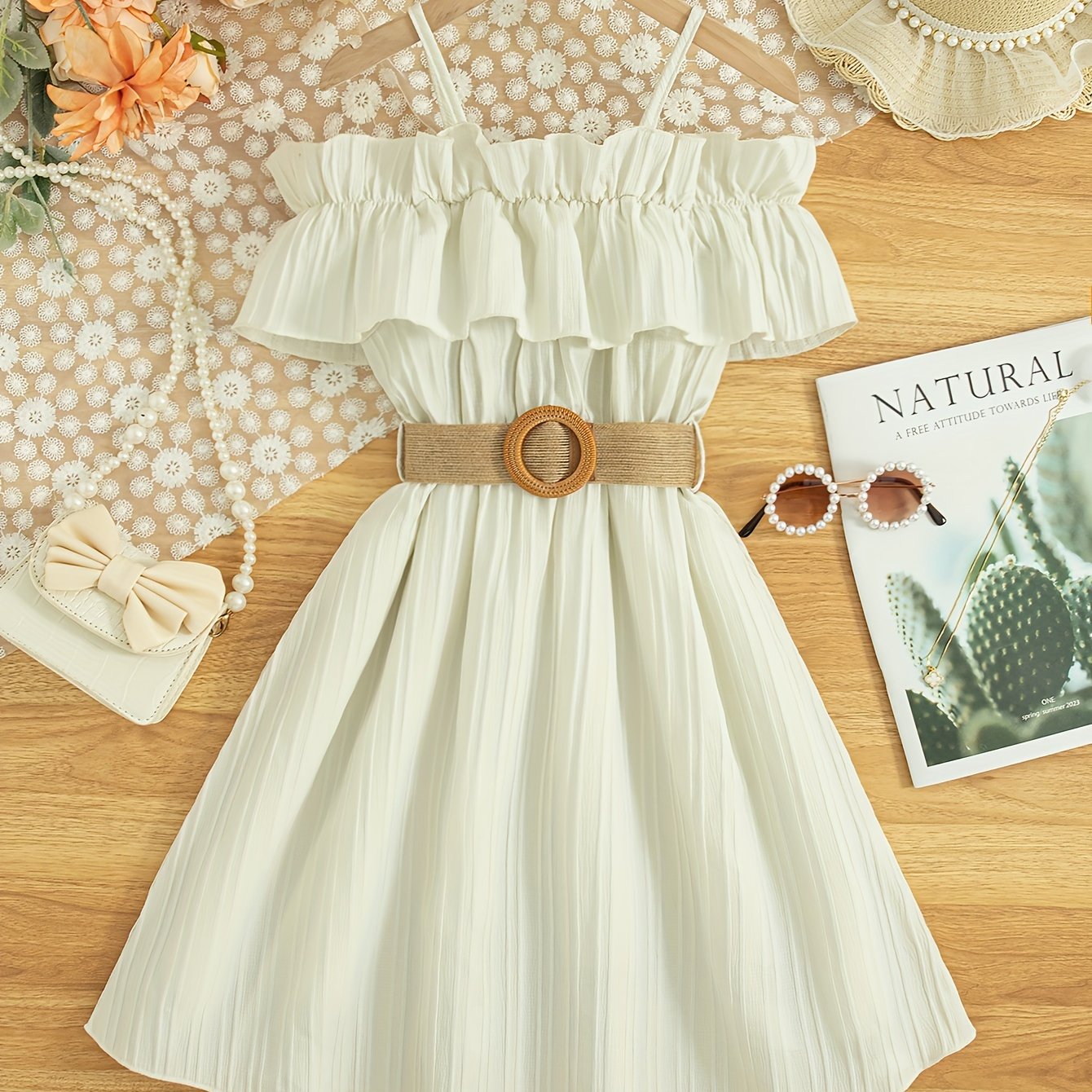 xieyinshe  Elegant Girls Solid Ruffle Trim Belted Dress Casual Dresses For Summer Party Gift Holiday