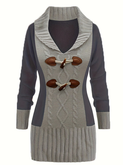 xieyinshe Plus Size Elegant Sweater Dress, Women's Plus Colorblock Cable Horn Button Long Sleeve Deep V Neck High Stretch Mini Sweater Dress