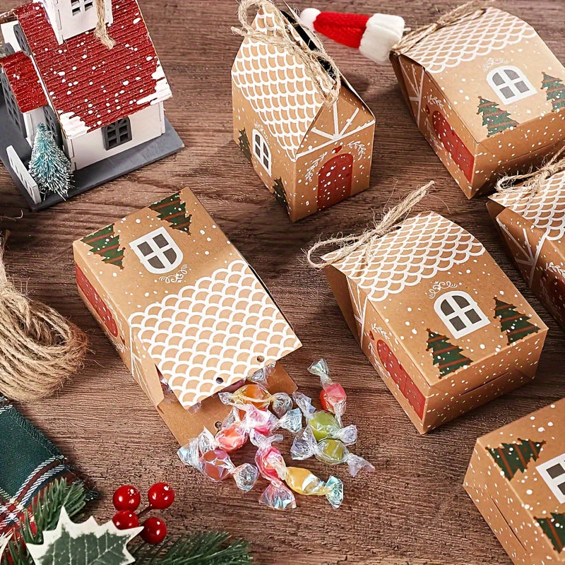 10pcs Festive Kraft Paper Gift Bags with Twine, Christmas Tree and Gingerbread House Design, Holiday Treat Packaging for Cookies and Candy