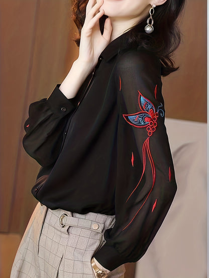 Button Front Embroidered Shirt, Casual Long Sleeve Semi-sheer Shirt For Spring & Fall, Women's Clothing