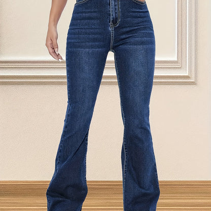 xieyinshe  Plain Blue Whiskering Stylish Flare Leg Jeans, High Rise Stretchy Stylish Denim Pants, Women's Denim Jeans & Clothing