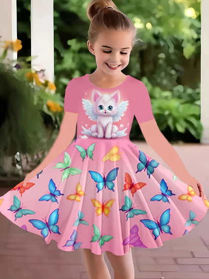 3D Cat Print Girls Dress - Short Sleeve Casual Crew Neck - Adorable Summer Fashion with Fun Prints - Comfortable & Lightweight, Perfect Gift for Little Fashionistas