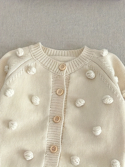 Girls Charming Cotton Cardigan Sweater with Round Ball Detail - Soft 10% Cotton Blend, Casual & Warm for Spring and Autumn - Perfect for Little Fashionistas, Small Size