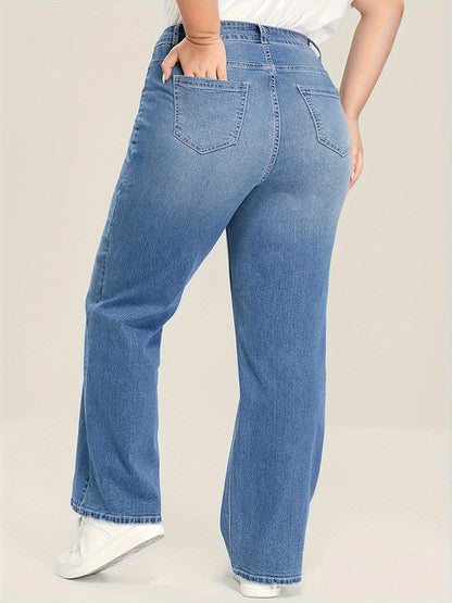 xieyinshe  Plus Size Basic Jeans, Women's Plus Washed Button Fly High Rise Medium Stretch Wide Leg Jeans