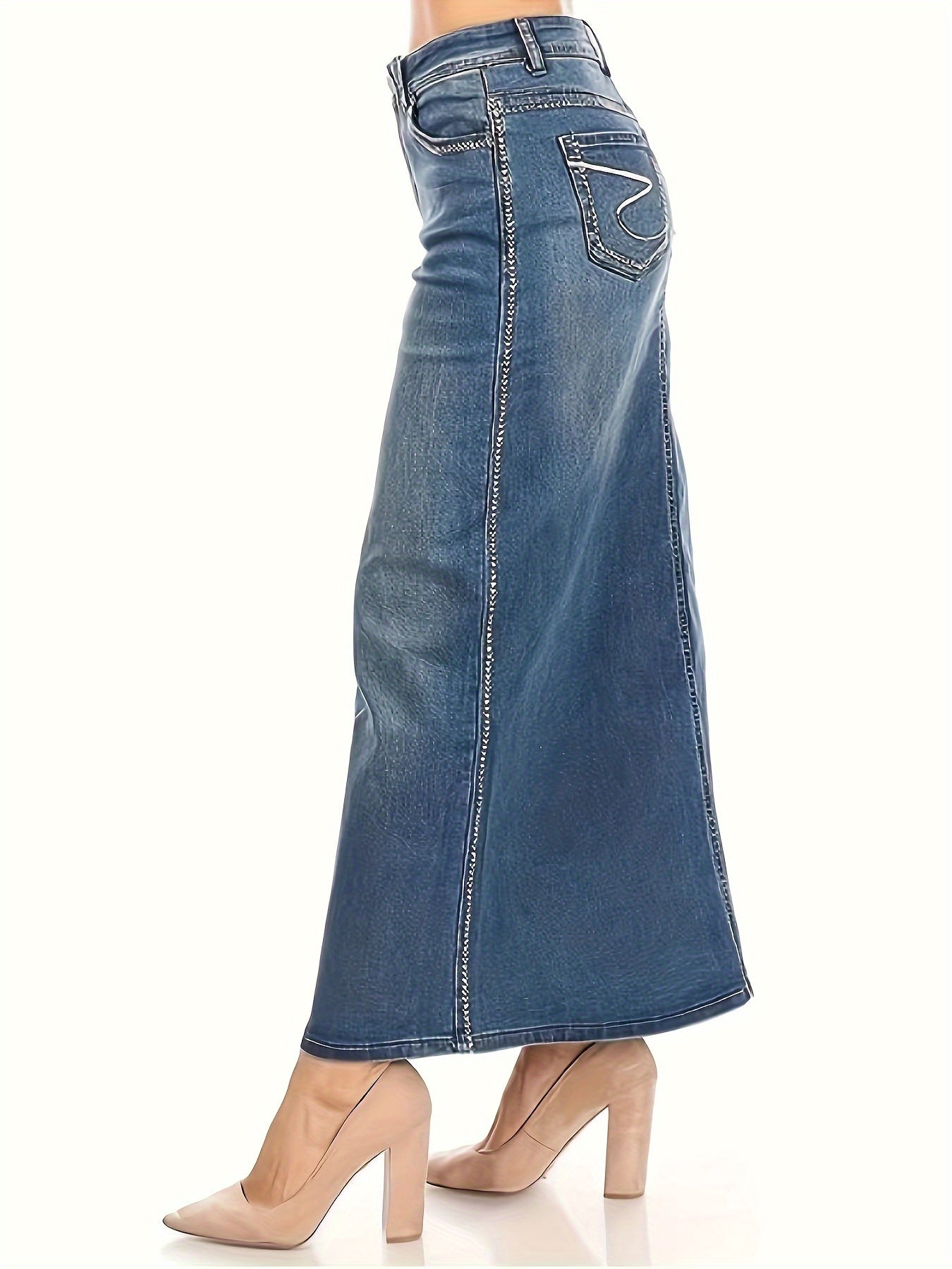 Blue High Stretch Denim Midi Skirt, Slant Pockets High Waist Casual Denim Skirt, Women's Denim Clothing