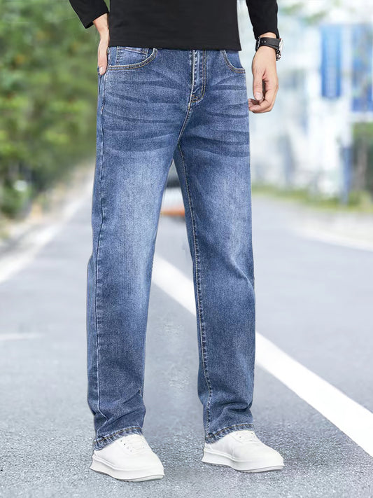 xieyinshe  Loose Fit Straight Leg Jeans, Men's Casual Street Style High Stretch Jeans For Fall Winter