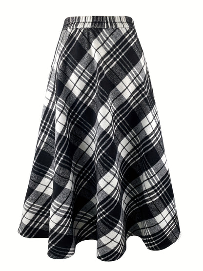 Plaid High Waist Maxi Skirt, Elegant Flared Warm Skirt For Fall & Winter, Women's Clothing