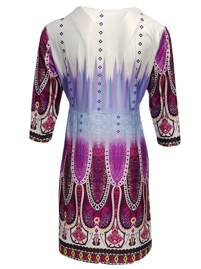 Ethnic Print 3/4 Sleeve Dress, Casual Crew Neck Ruched Mini Dress, Women's Clothing