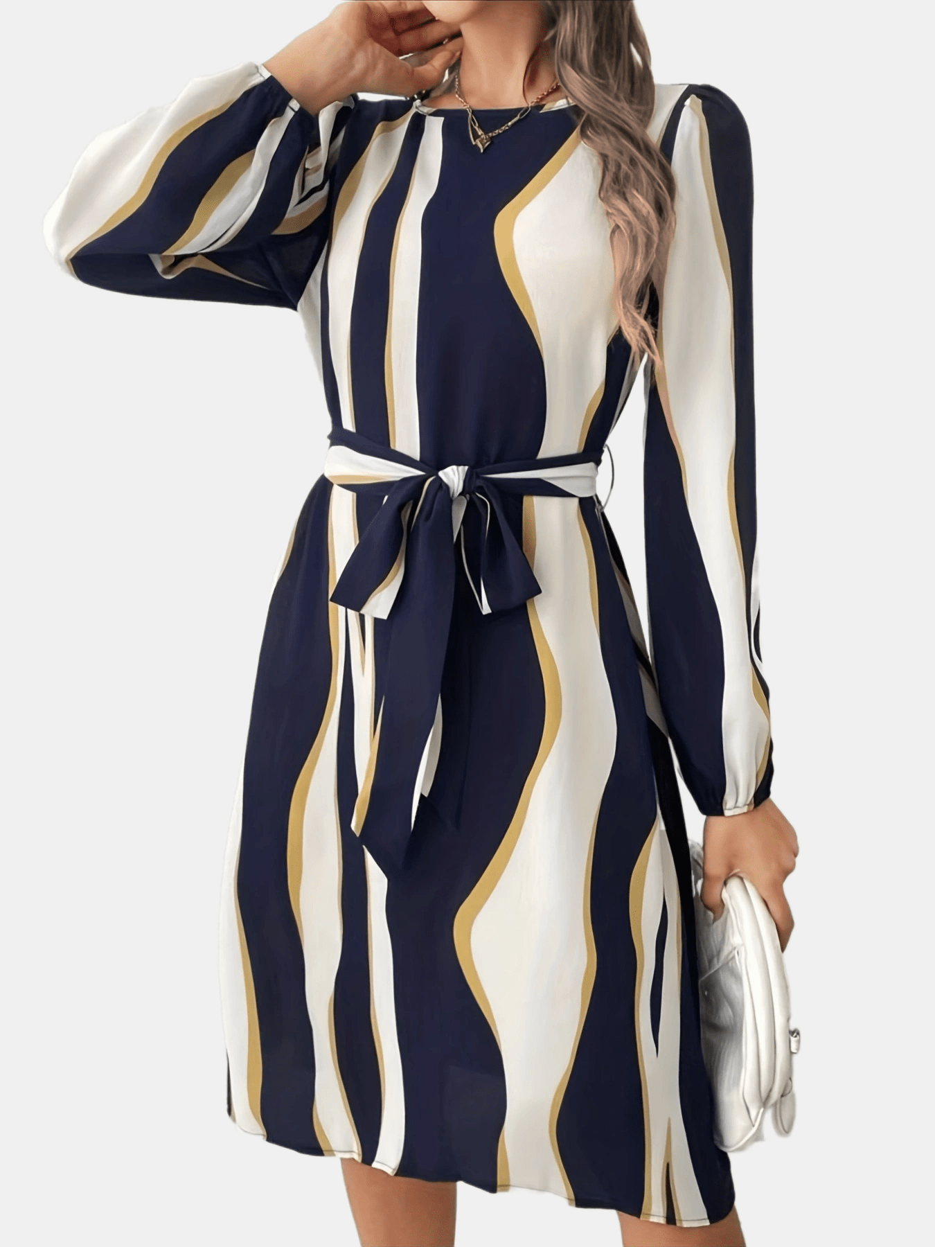 xieyinshe  Wavy Stripe Print Dress, Casual Keyhole Long Sleeve Dress, Women's Clothing