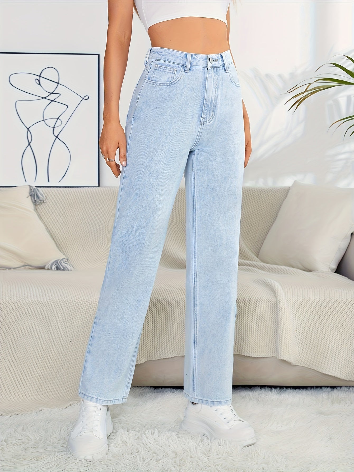 xieyinshe  Light Blue Straight Leg Jeans, High Rise Loose Casual Denim Pants With Pockets, Women's Denim Jeans & Clothing