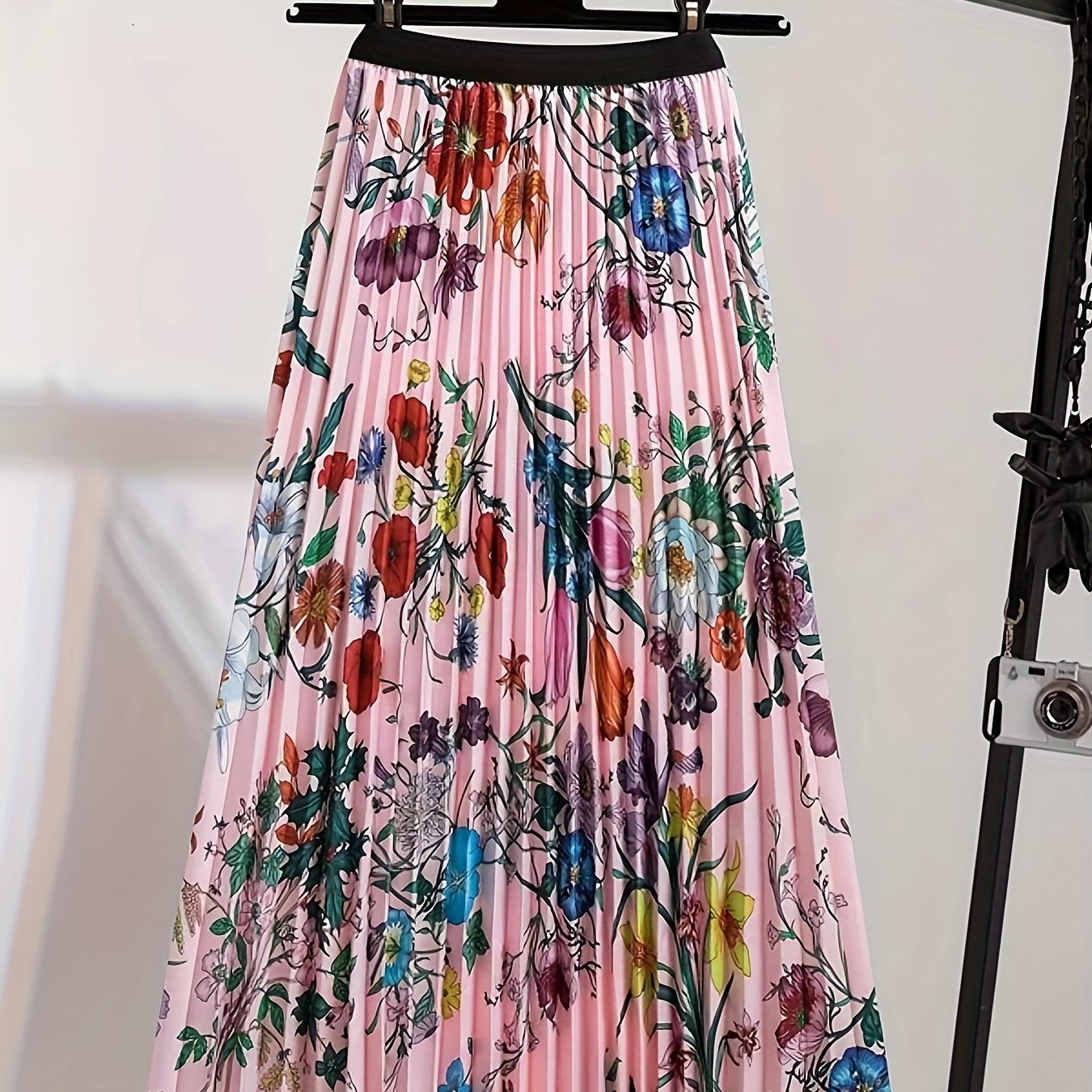 Plus Size Casual Skirt, Women's Plus Floral Print High Rise Pleated Midi Skirt