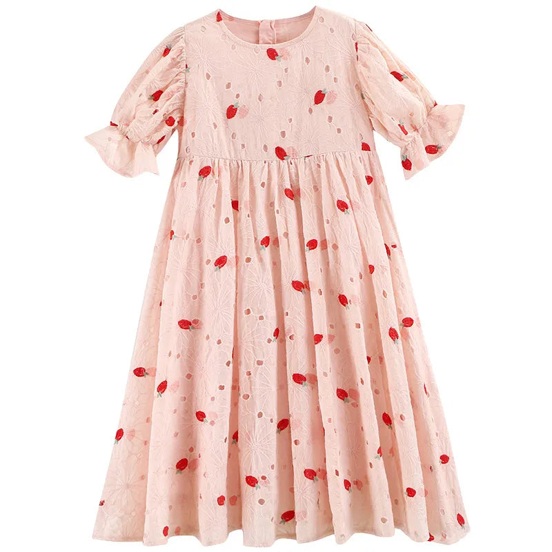 Big girls strawberry embroidery dresses old kids lace hollow falbala short sleeve dress summer teenagers pink princess clothes Z7001