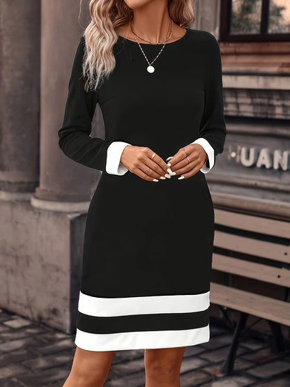 xieyinshe  Color Block Long Sleeve Dress, Casual Crew Neck A-line Knee Length Dress, Women's Clothing