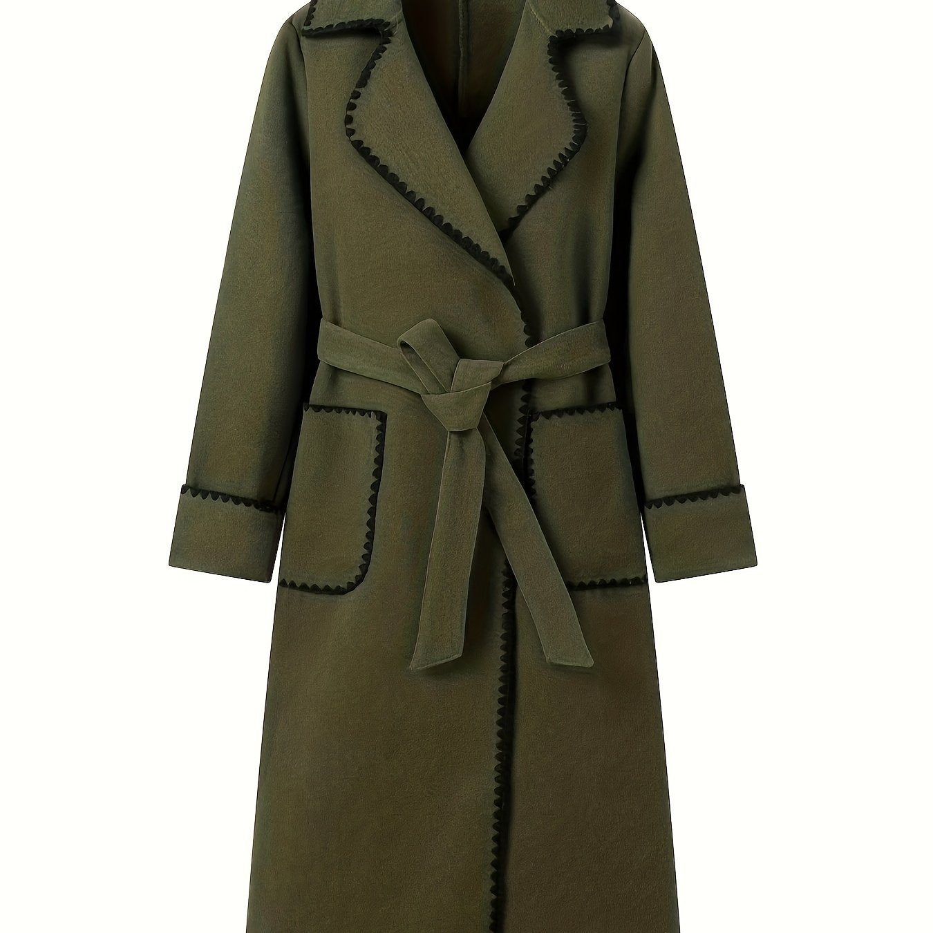 Contrast Trim Pockets Belted Overcoat, Elegant Long Sleeve Outwear For Fall & Winter, Women's Clothing