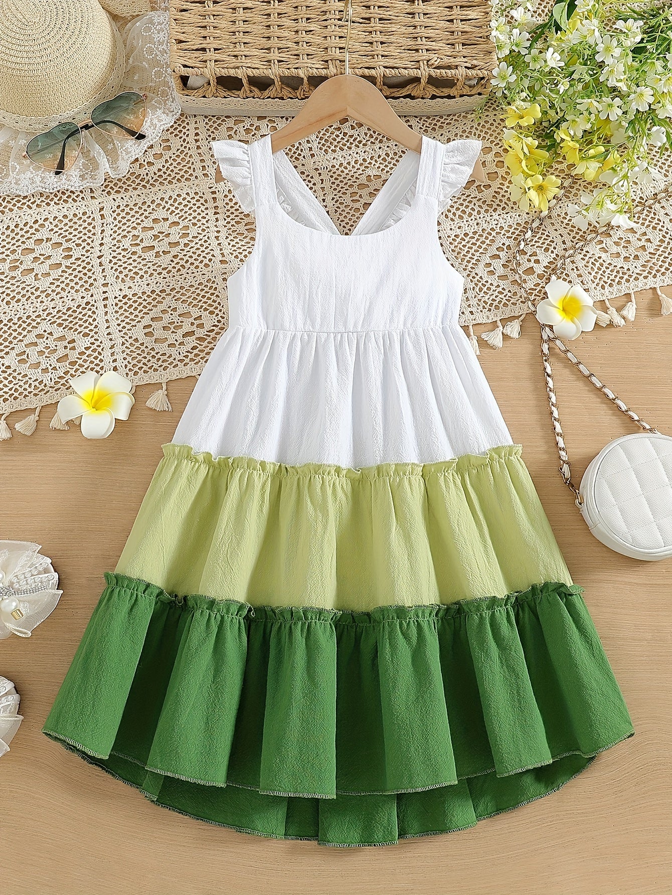 100% Cotton Little Princess Sleeveless Color Block Ruffle Trim Dress - Soft, Breathable, Regular Fit, Perfect for Summer Holiday Party and Outdoor Play - Girls Casual Wear