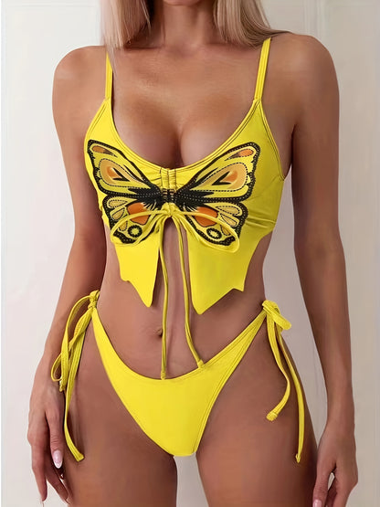 2-Piece Butterfly Bikini Set with Side-Tie Drawstrings – Flirty Spaghetti Straps & High-Stretch Fabric – Perfect for Y2K Fashion & Summer Poolside Lounging, Women's Swim Attire