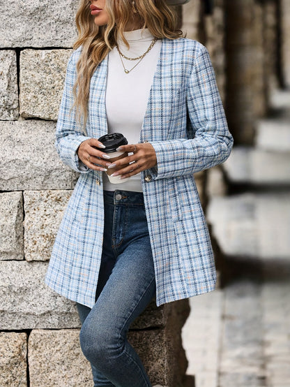 xieyinshe  Plaid Print Button Front Coat, Elegant Long Sleeve V Neck Tunic Jacket For Fall & Winter, Women's Clothing