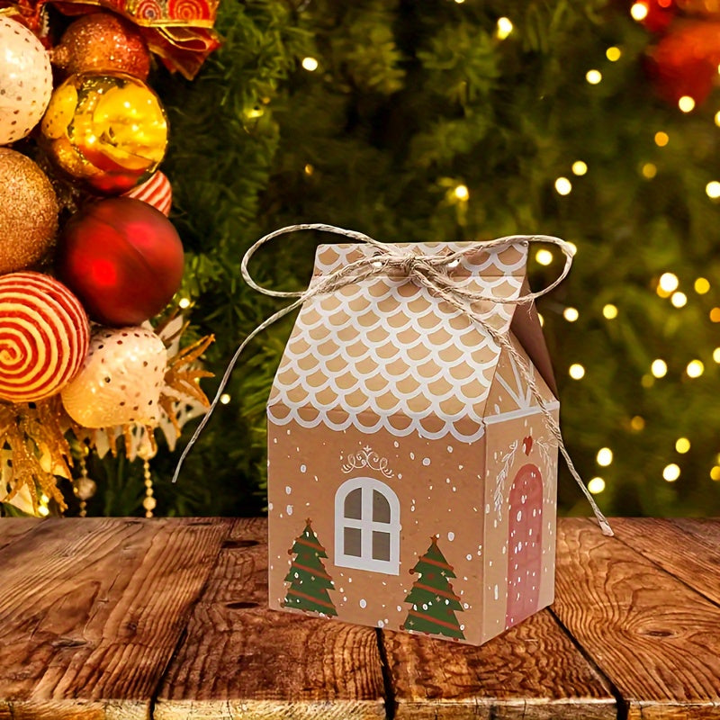 10pcs Festive Kraft Paper Gift Bags with Twine, Christmas Tree and Gingerbread House Design, Holiday Treat Packaging for Cookies and Candy