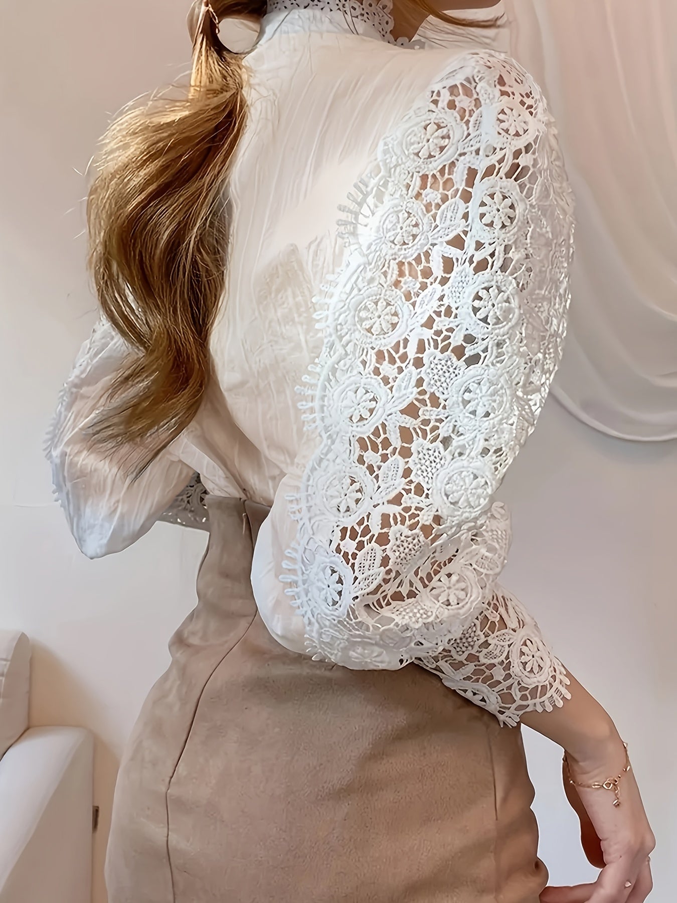 xieyinshe  Plus Size Elegant Blouse, Women's Plus Solid Contrast Lace Lantern Sleeve Button Up Mock Neck Shirt Top