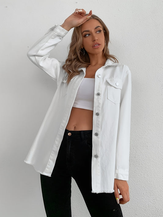 White Raw Hem Denim Coats, Long Sleeves Single-Breasted Button Flap Pockets Lapel Denim Jackets, Women's Denim Clothing