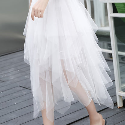 xieyinshe  Teen Girl Asymmetrical Tulle Long Skirt, Elastic High Waist Skirts For Elegant Outfit