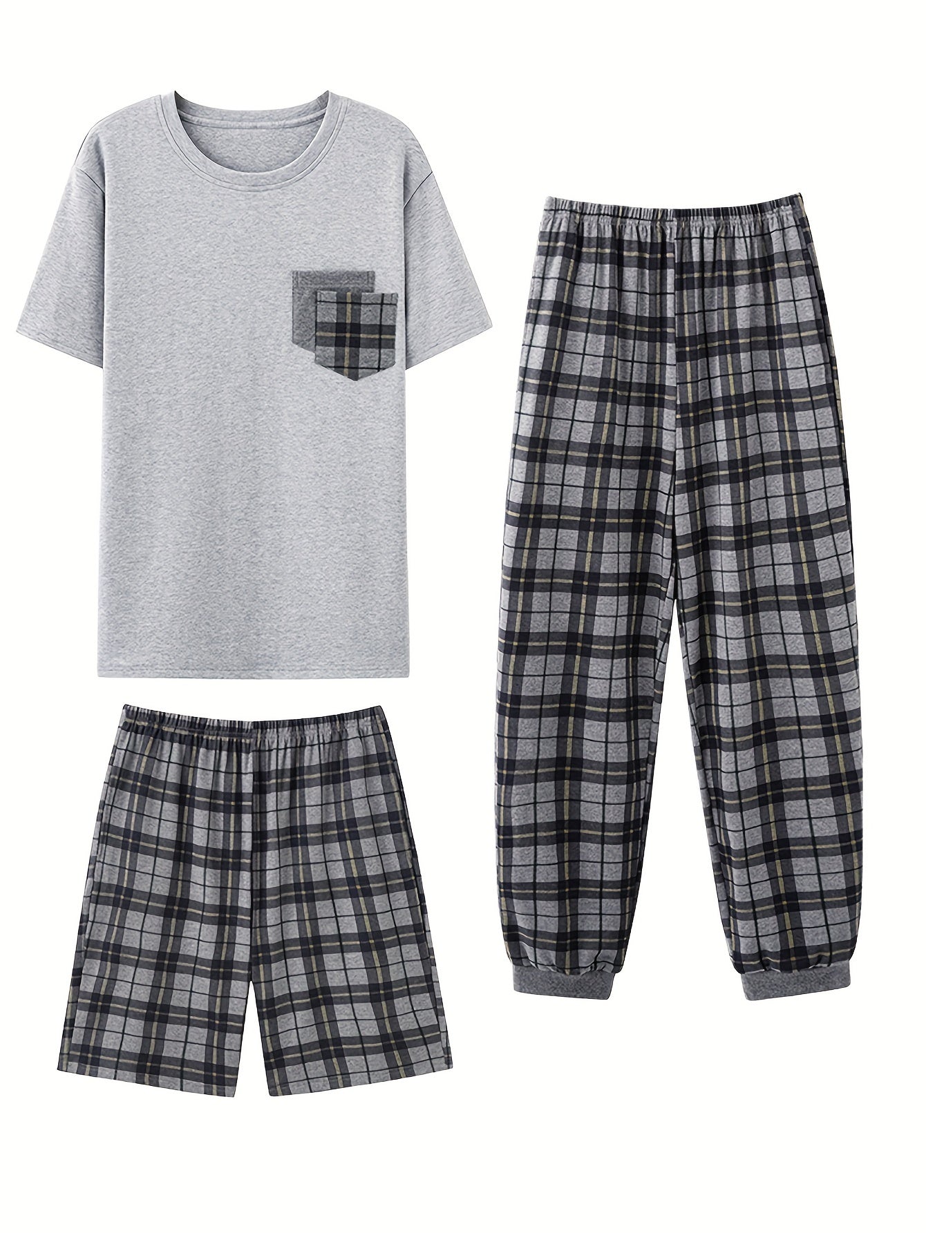 3pcs Men's 100% Cotton Pajama Set, Short Sleeve Crew Neck Front Pocket Top & Classic Plaid Shorts & Trouser Nightwear Loungewear, Casual & Stylish PJ Outfits For Men