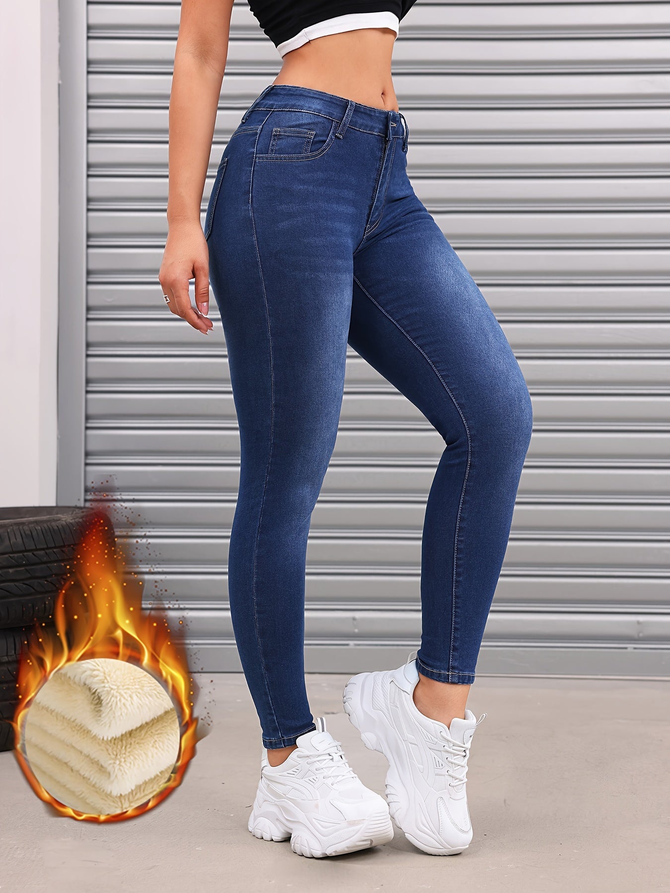 xieyinshe  Fleece Liner Washed Skinny Jeans, Mid-Stretch Keep Warm Slim Fit Tight Jeans, Women's Denim Jeans & Clothing