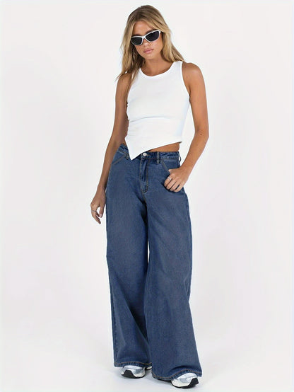 xieyinshe Plain Slash Pocket Wide Leg Jeans, Casual Loose Fit High Rise Denim Pants, Women's Denim Jeans & Clothing