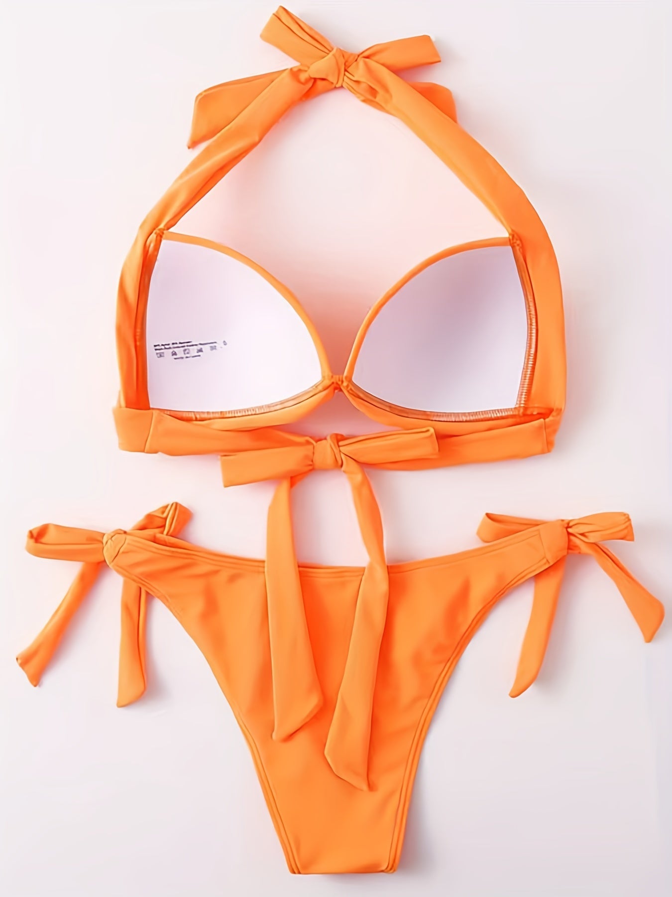 Solid Color Tie Side Ruched 2 Piece Set Bikini, Halter Push Up Bowknot Stretchy Swimsuits for Koningsdag/King's Day, Women's Swimwear & Clothing