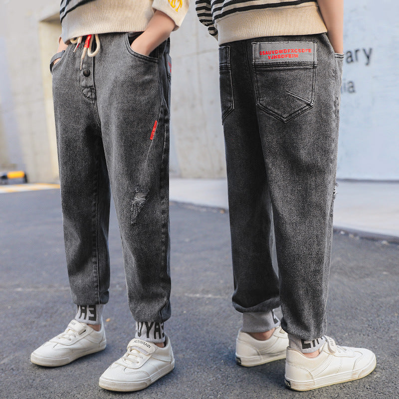 xieyinshe  Boys Casual Denim Loose Hose Jeans Bottoms With Letter Print Kids Clothes Spring And Autumn