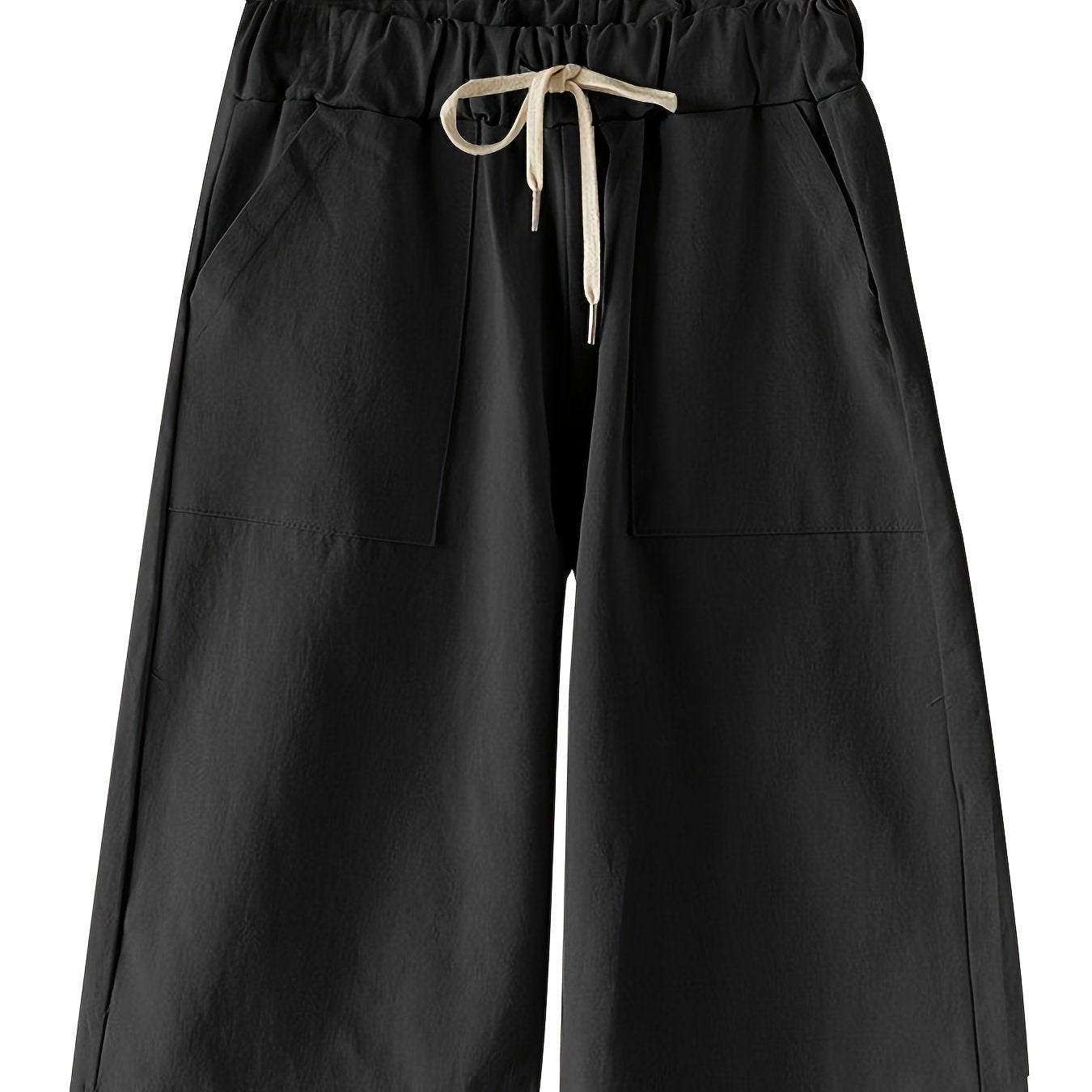 xieyinshePlus Size Solid High Rise Wide Leg Drawstring Shorts, Women's Plus Slight Stretch Casual Shorts