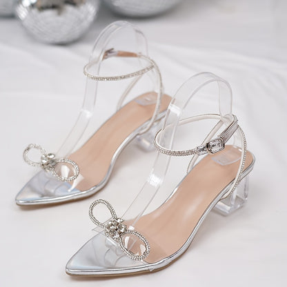 xieyinshe  Women's Chunky Heeled Sandals, Rhinestone Bow Ankle Strap Mid Heels, All-Match Stylish Wedding Party Shoes