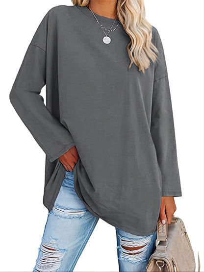 xieyinshe  Basic Loose Solid T-Shirt, Casual Long Sleeve Crew Neck T-Shirt, Casual Every Day Tops, Women's Clothing