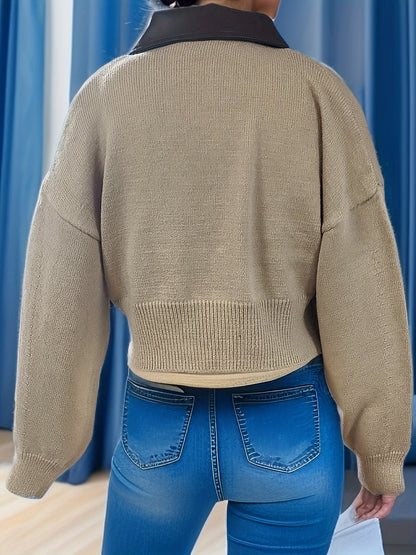 xieyinshe  Turndown Collar Zip Up Knit Cardigan, Casual Long Sleeve Drop Shoulder Sweater, Women's Clothing