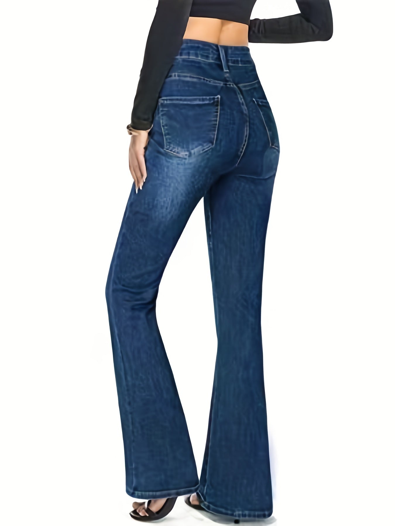 Blue Mid Stretch Flare Jeans, Slant Pockets Double Single-Breasted Button Decor Bell Bottom Jeans, Women's Denim Jeans & Clothing