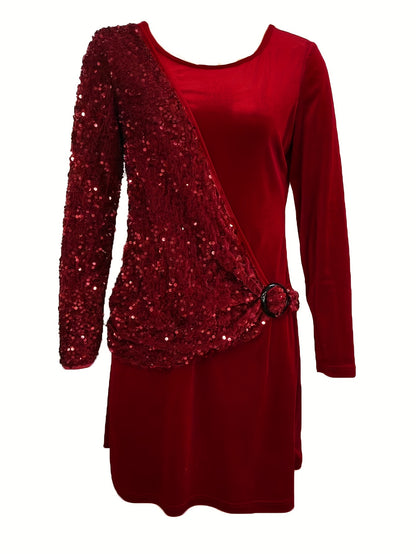 Sequin Decor Long Sleeve Dress, Stylish Crew Neck Dress, Women's Clothing