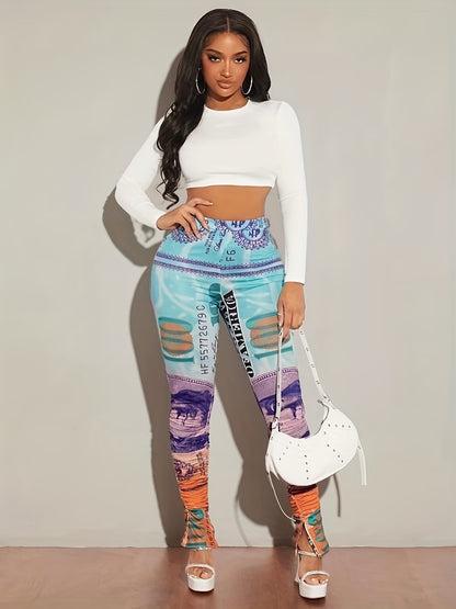 xieyinshe  Dollar Print Skinny Split Pants, Casual Stretchy High Waist Pants, Women's Clothing