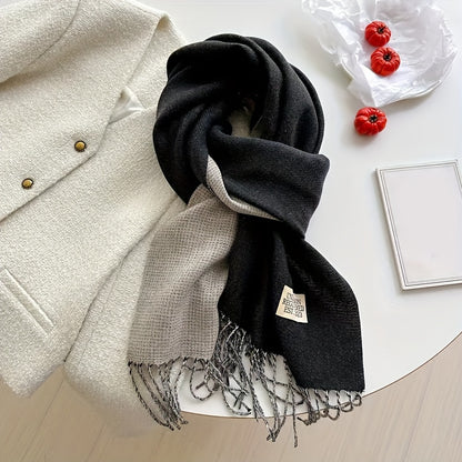 Letter Patched Winter Scarf, Tassel Trim Fashion Windproof Neck Cover Casual Warm Shawl Scarf For Women Winter Gift For Music Festival