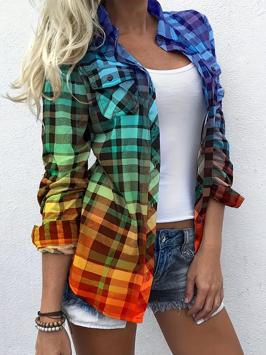 Casual Colorful Gingham Button Blouses, V-neck Long Sleeve Fashion Loose Tops, Women's Clothing