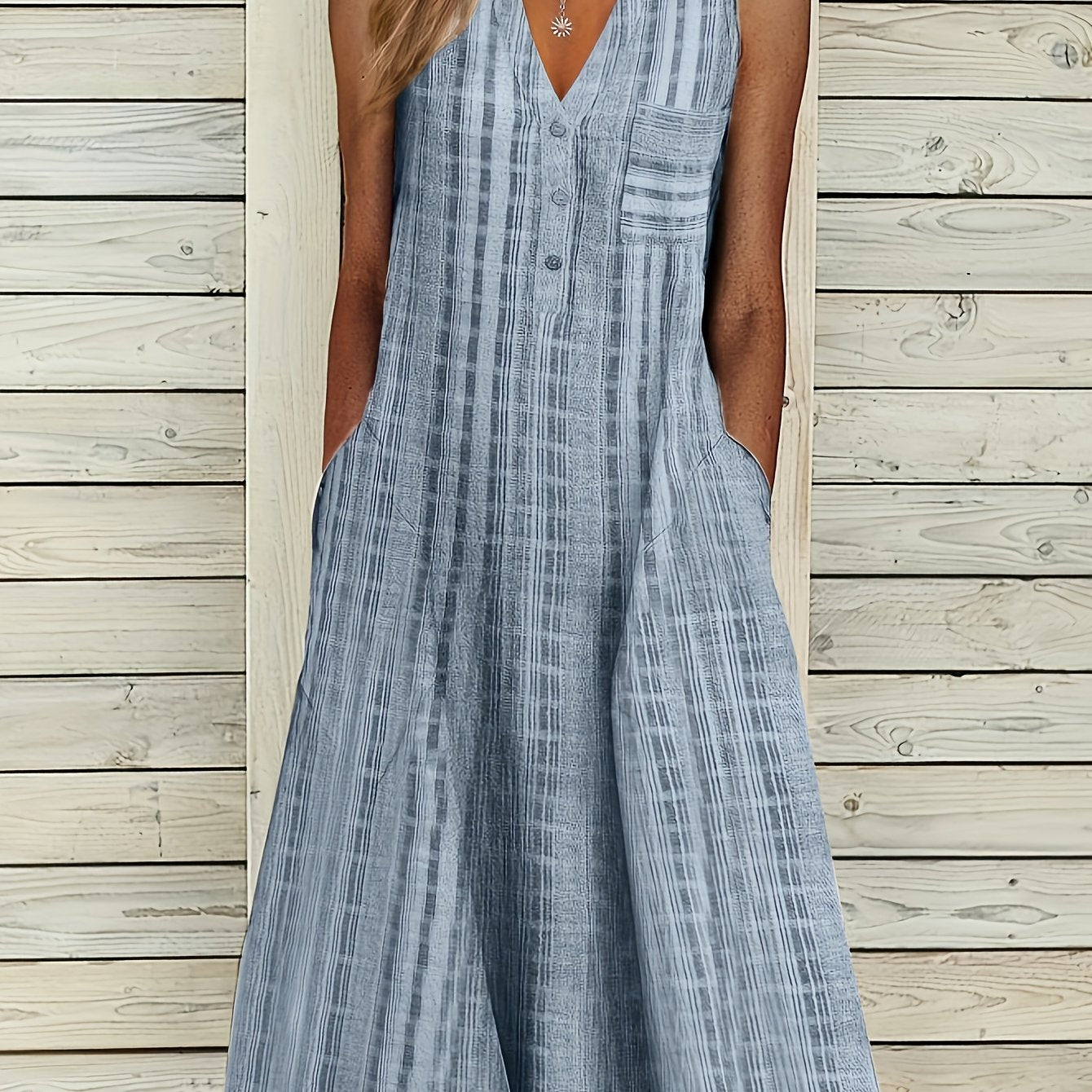 Striped Notched Neck Button Front Dress, Boho Sleeveless Dress For Spring & Summer, Women's Clothing