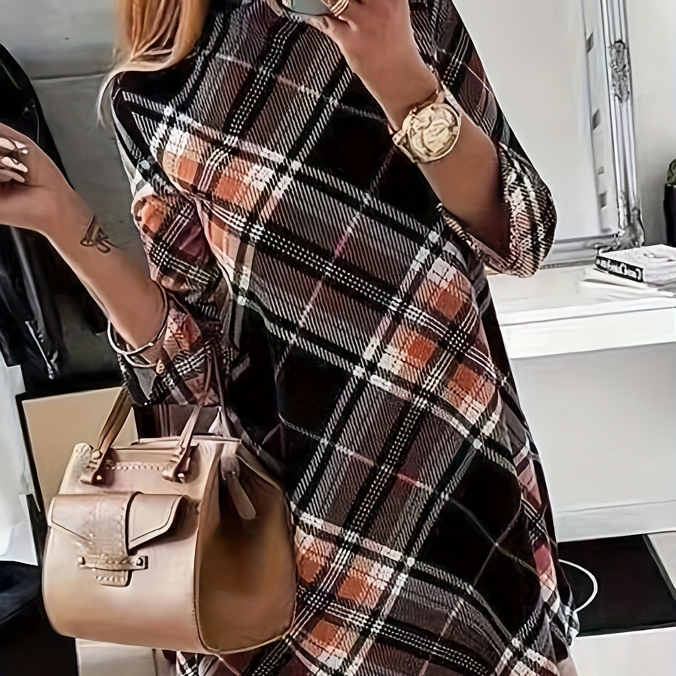 xieyinshe Plus Size Casual Dress, Women's Plus Plaid Print Half Sleeve Mock Neck Slight Stretch Mini Dress