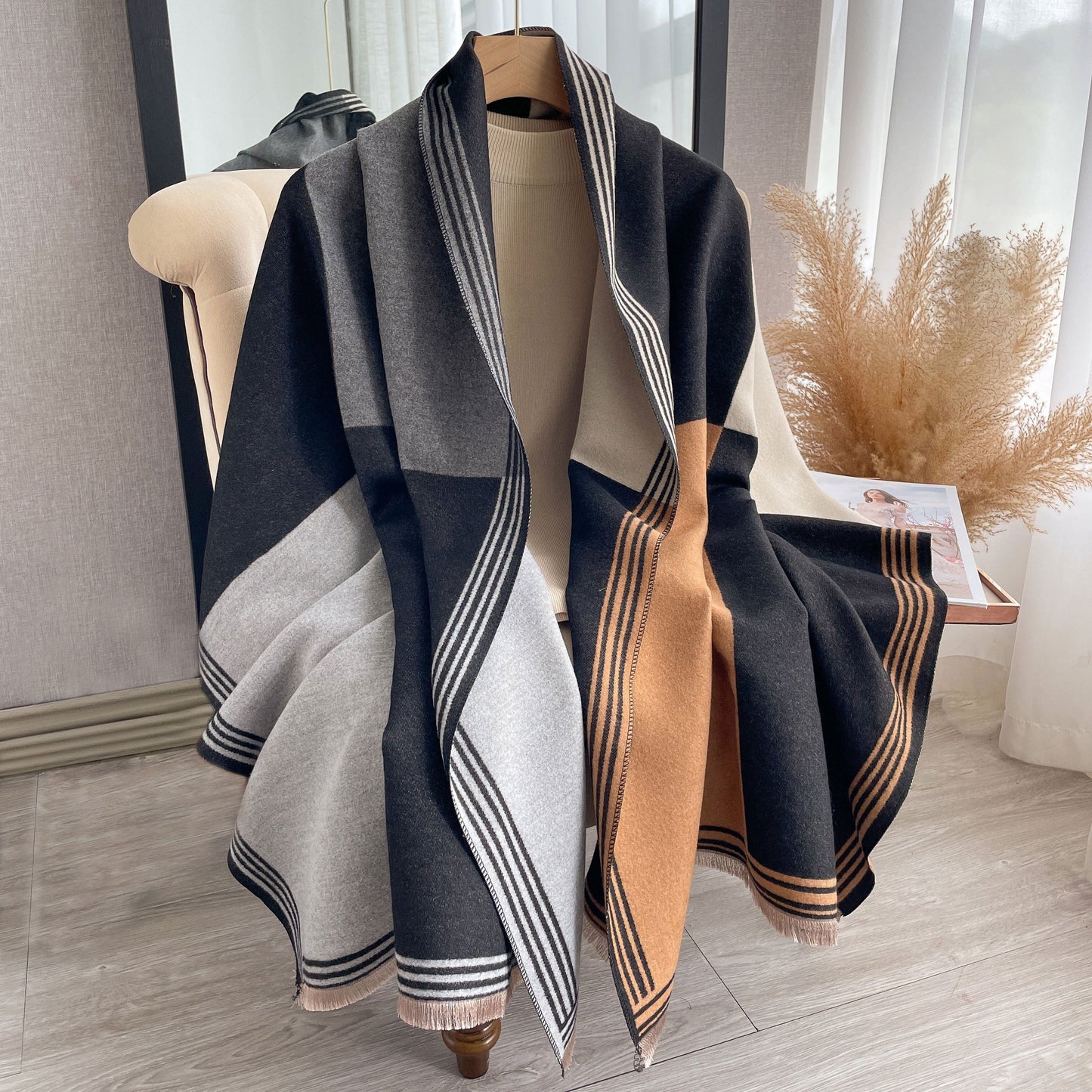 xieyinshe  Geometric Striped Jacquard Scarf Imitation Cashmere Fringe Warm Scarf Autumn Winter Coldproof Wrap Scarf