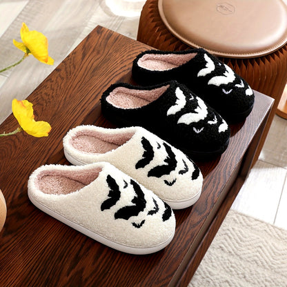 Casual Cartoon Bat Pattern Slippers - Soft Fabric Lined, Plush Comfortable Indoor Shoes for Winter, Halloween, Carnaval, Music Festival - TPR Sole, Slip-on Style, Europe and America Design