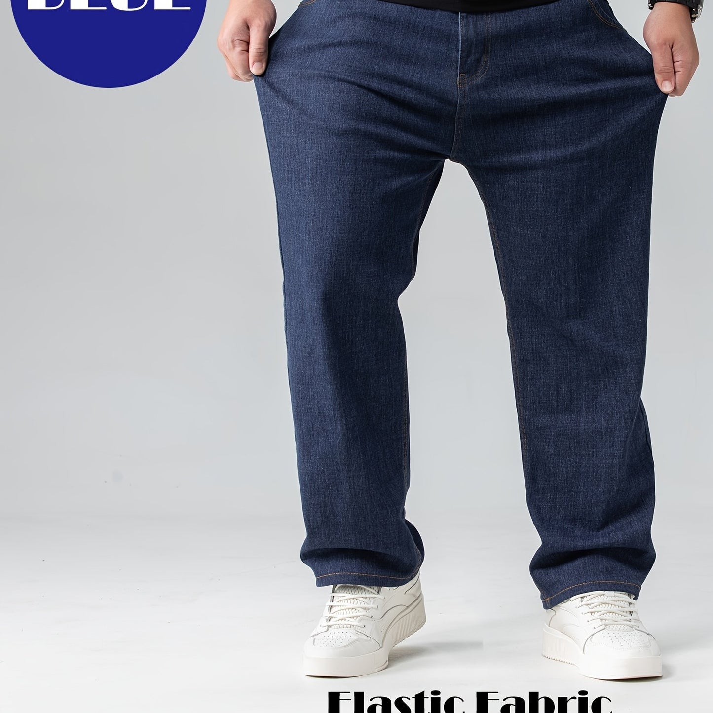 xieyinshe Plus Size Men Straight Leg Denim Long Pants, Loose Oversized Solid Color Jeans Fot Casual Business